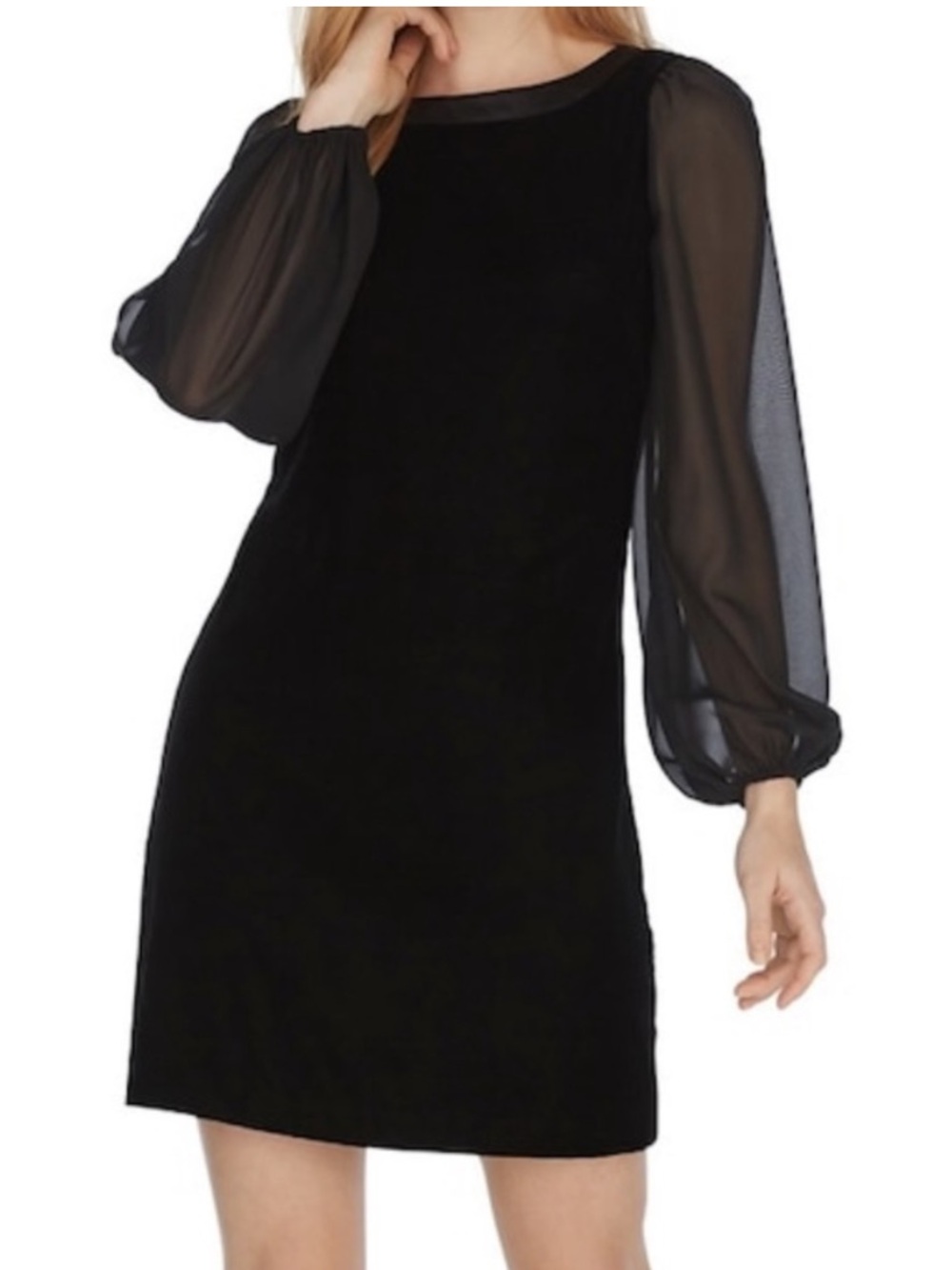 White House Black Market Black Velvet Dress with Sheer Long-Sleeves